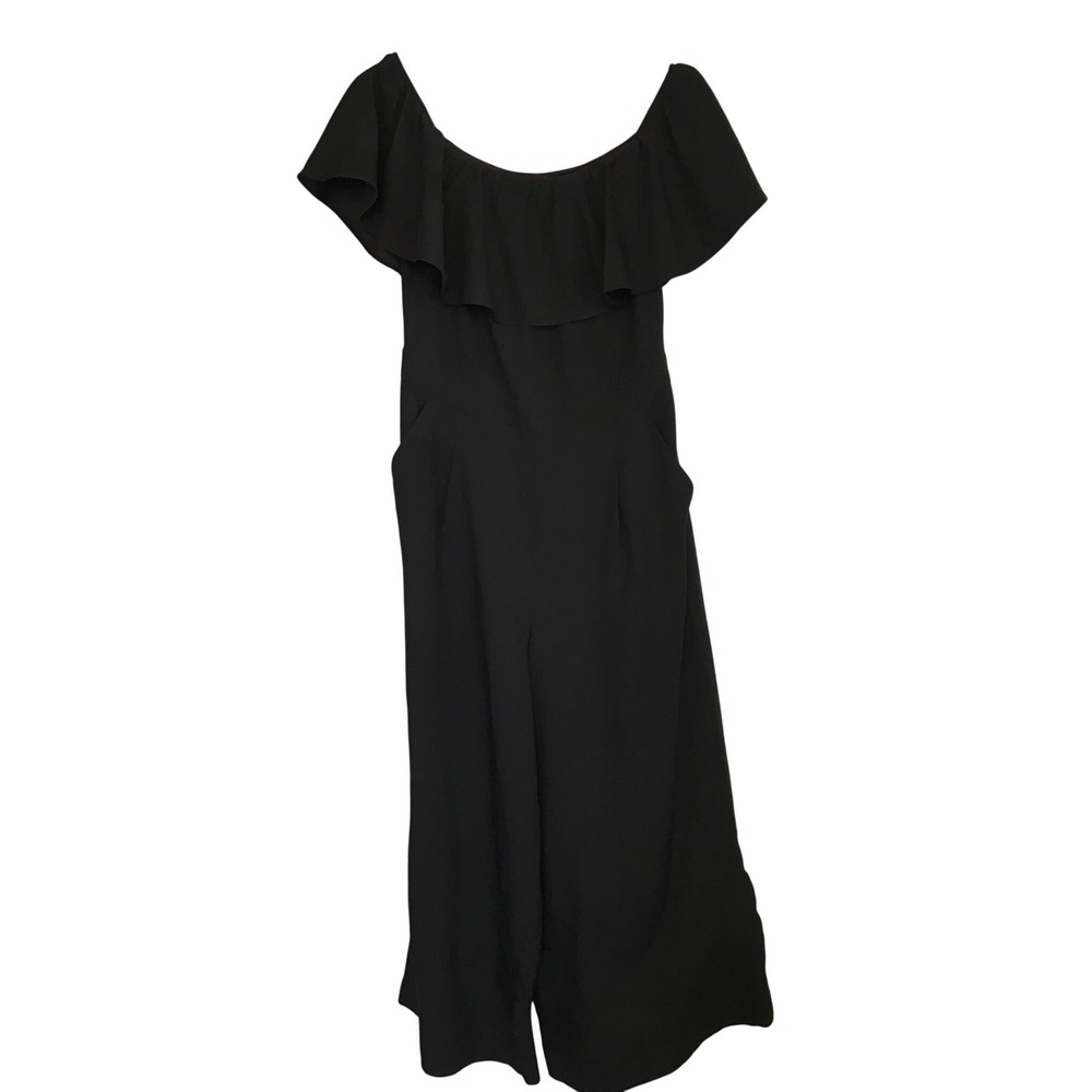 Banana Republic Black Off Shoulder Ruffle Wide Leg‎ Cropped Jumpsuit Size 4 - Picture 5 of 6